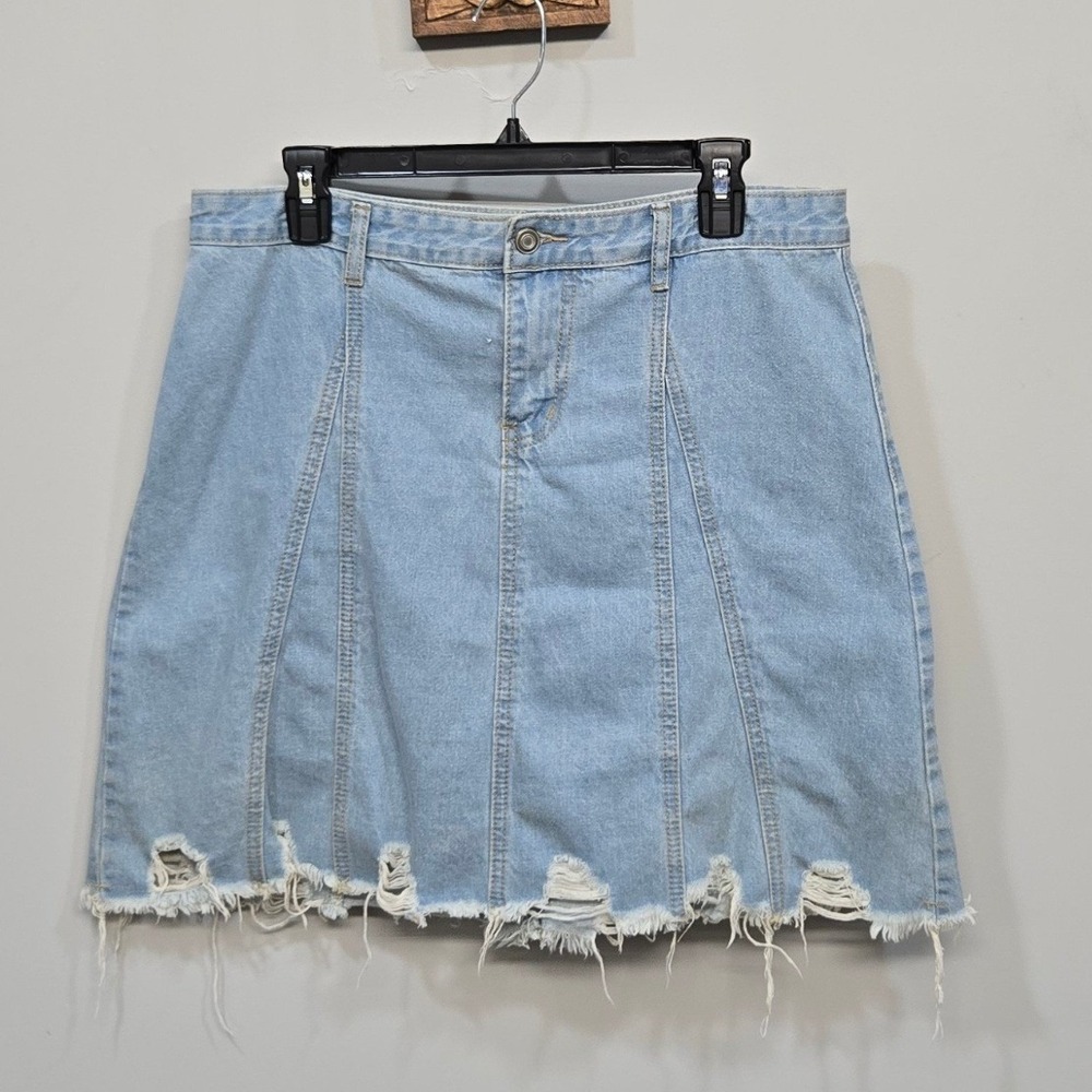 Noble U Denim Skirt Womens Large‎ Blue Distressed Raw Hem Y2K Grunge Mini NUS051